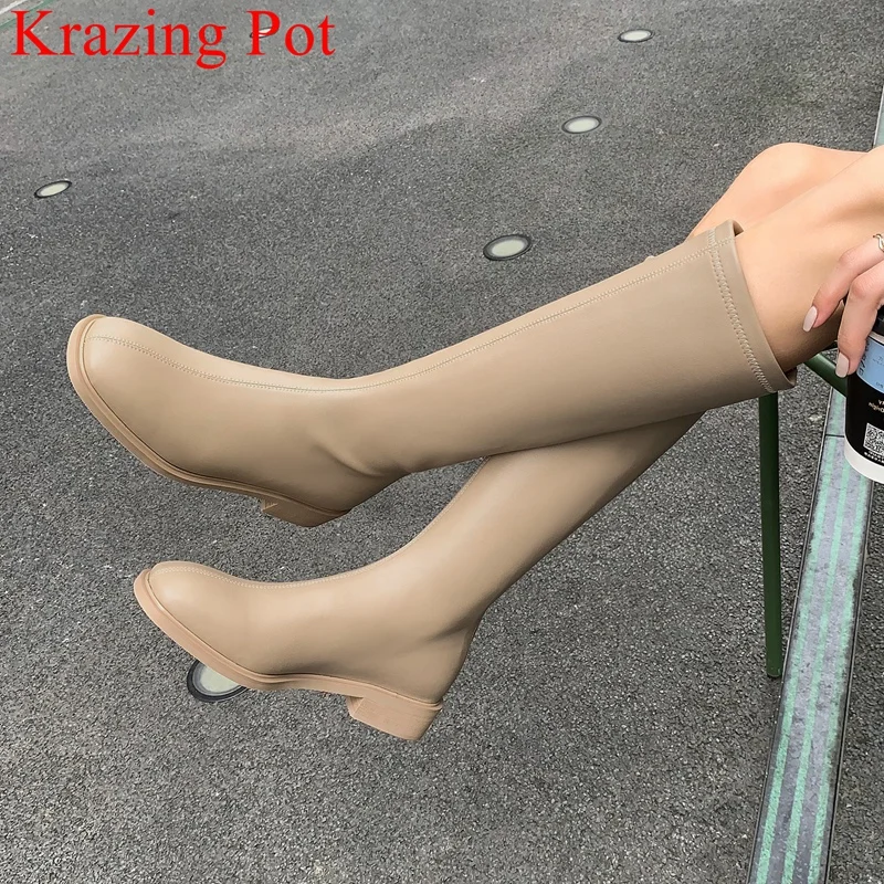 

Krazing Pot fashion cow leather med heel round toe stretch boots warm winter shoes brand concise zip office lady knee-high boots