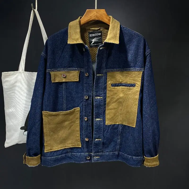 

2021 New Men's Denim Jacket Trendy Washed Color Contrast Stitching Leisure Cargo Top
