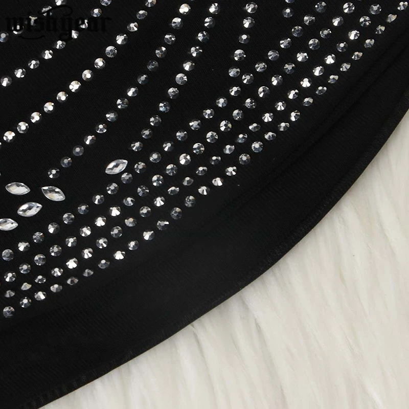 

Rhinestones Black Sheer Mesh Patchwork Bodycon Dress Woman Long Sleeve V Neck Pencil Mini Dresses Night Club Party Outfits
