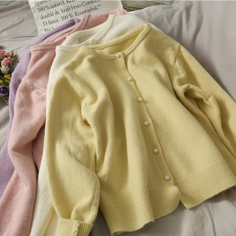 

Sweet Pearl Button Crew Neck Cardigan Sweater Women's New Solid Color Versatile Long Sleeve Knitted Top