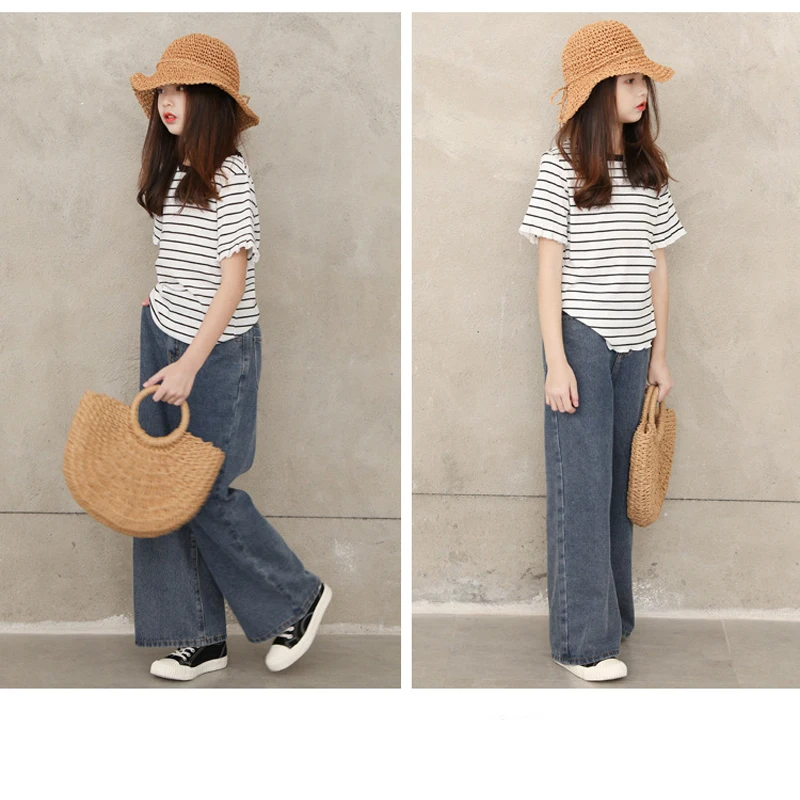 Корейская футболка для девочек Хлопковая полосатая одежда с коротким рукавом 2020