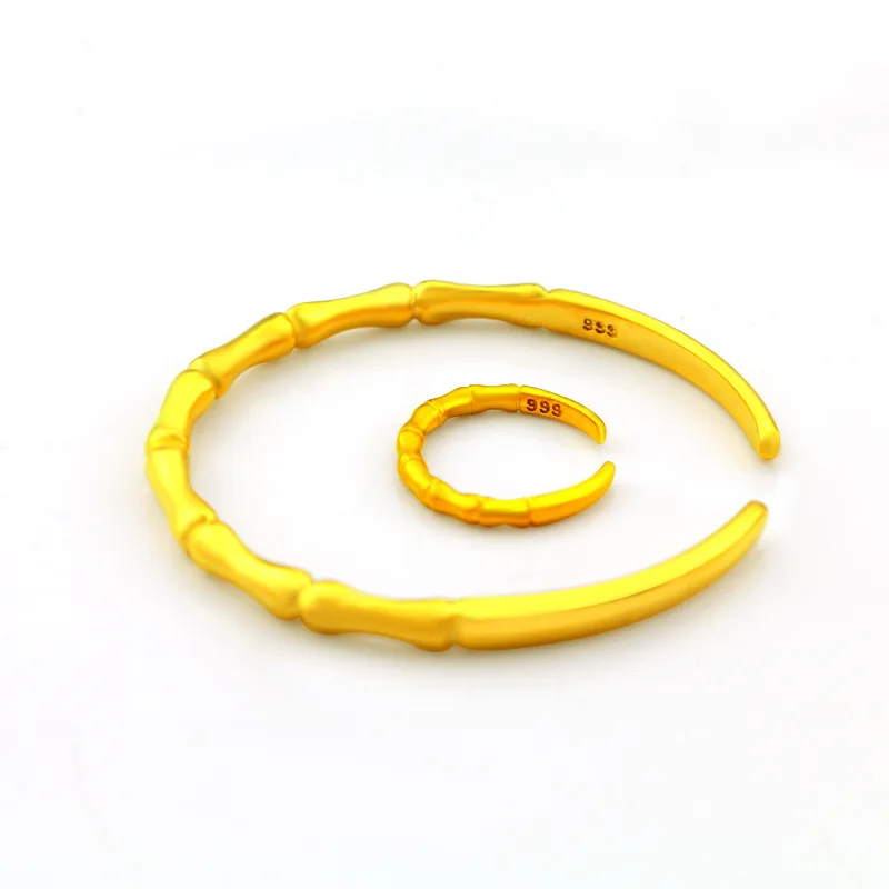 

Elegant 24K Yellow Gold Bracelet Ring For Women Sand Gold Open Adjustable Bamboo Charm Bracelet Bangle Finger Ring Fine Jewelry