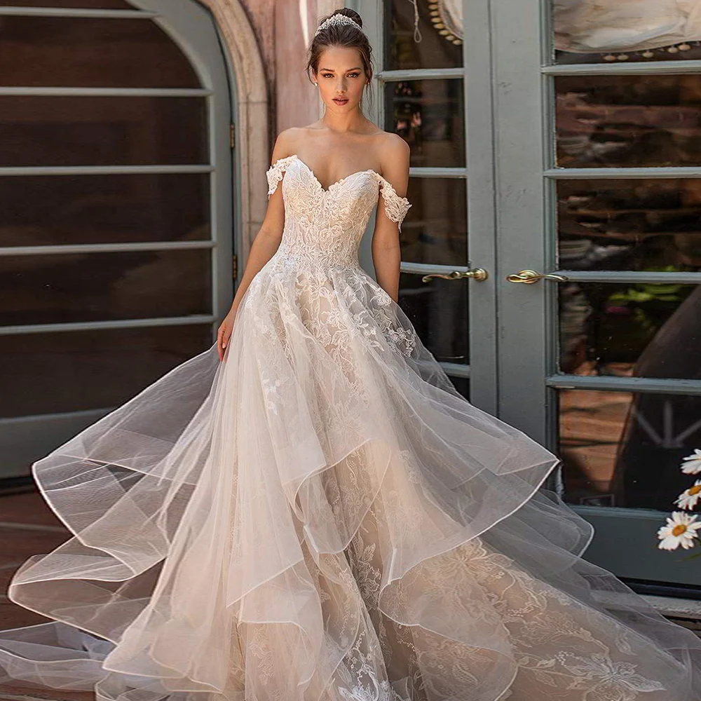 

2021 Elegant Lace Wedding Dress A-Line Off The Shoulder Short Sleeve Backless Appliques Court Train Bridal Gowns