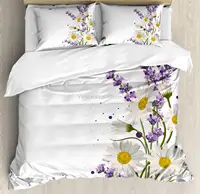 Lavender Duvet Cover Set, Vivid Bouquet with Daisies Color Slashes Scenic Modern, Decorative 3 Piece Bedding Set with 2 Pillow