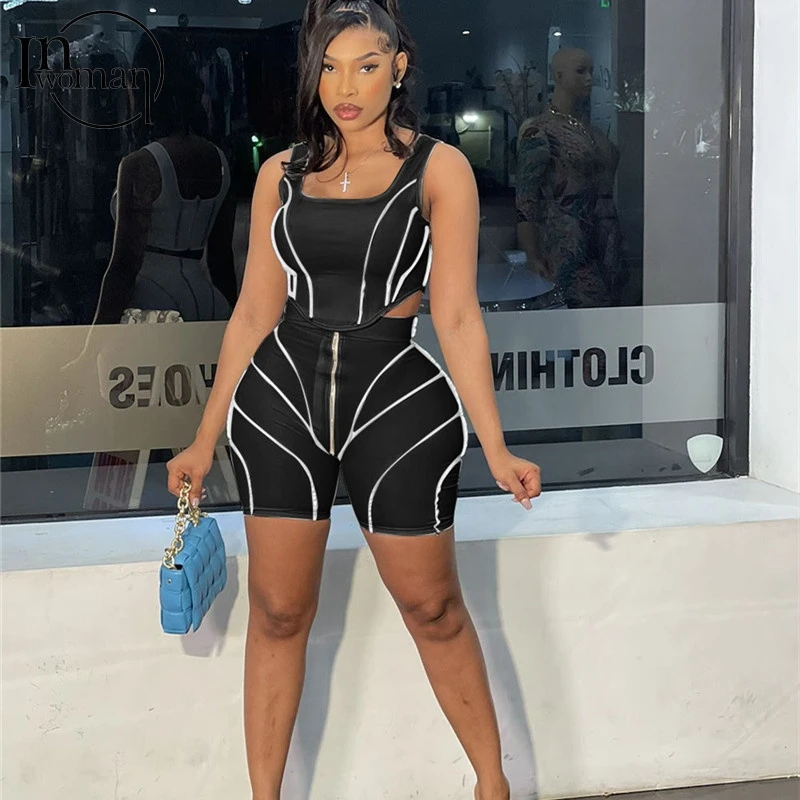 

Inwman Sexy 2021 Two Piece Sets Women Summer Beach Outfits Ladies Matching Sleeveless Bodycon V Neck Crop Top 2 Piece Shorts Set