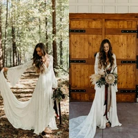 2021 country style boho lace wedding dresses with long sleeves v neck a line beach wedding gowns bohemian plus size bridal dress