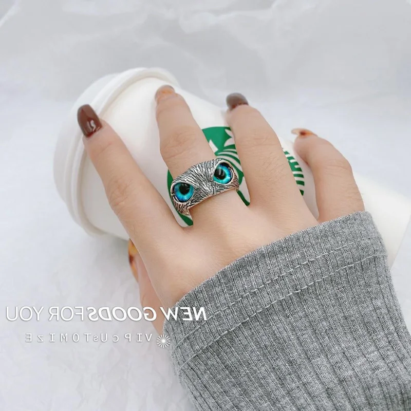 

Real 925 Sterling Silver Demon Eye Owl Ring For Women Girl Lovers Retro Animal Open Adjustable Ring Statement Ring Jewelry Gift