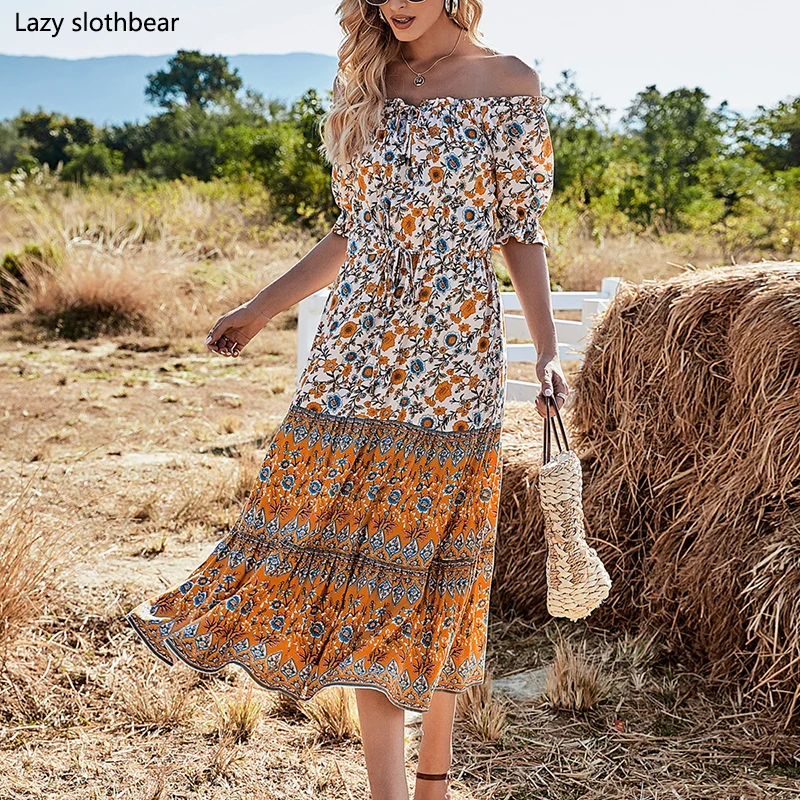

Лидер продаж, женское летнее платье с цветочным принтом, длинное платье для отпуска с рукавами и одним воротником, открытыми плечами и откры...