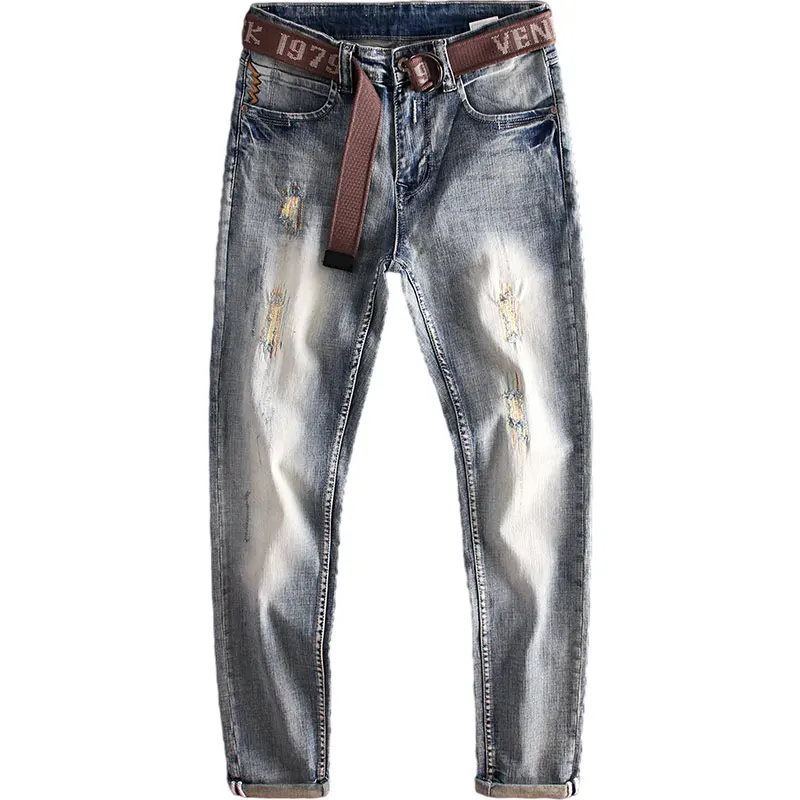 Newly Street Fashion Men Jeans Retro Light Blue Elastic Slim Fit Ripped Jeans Men Korean Style Embroidery Designer Casual Pants