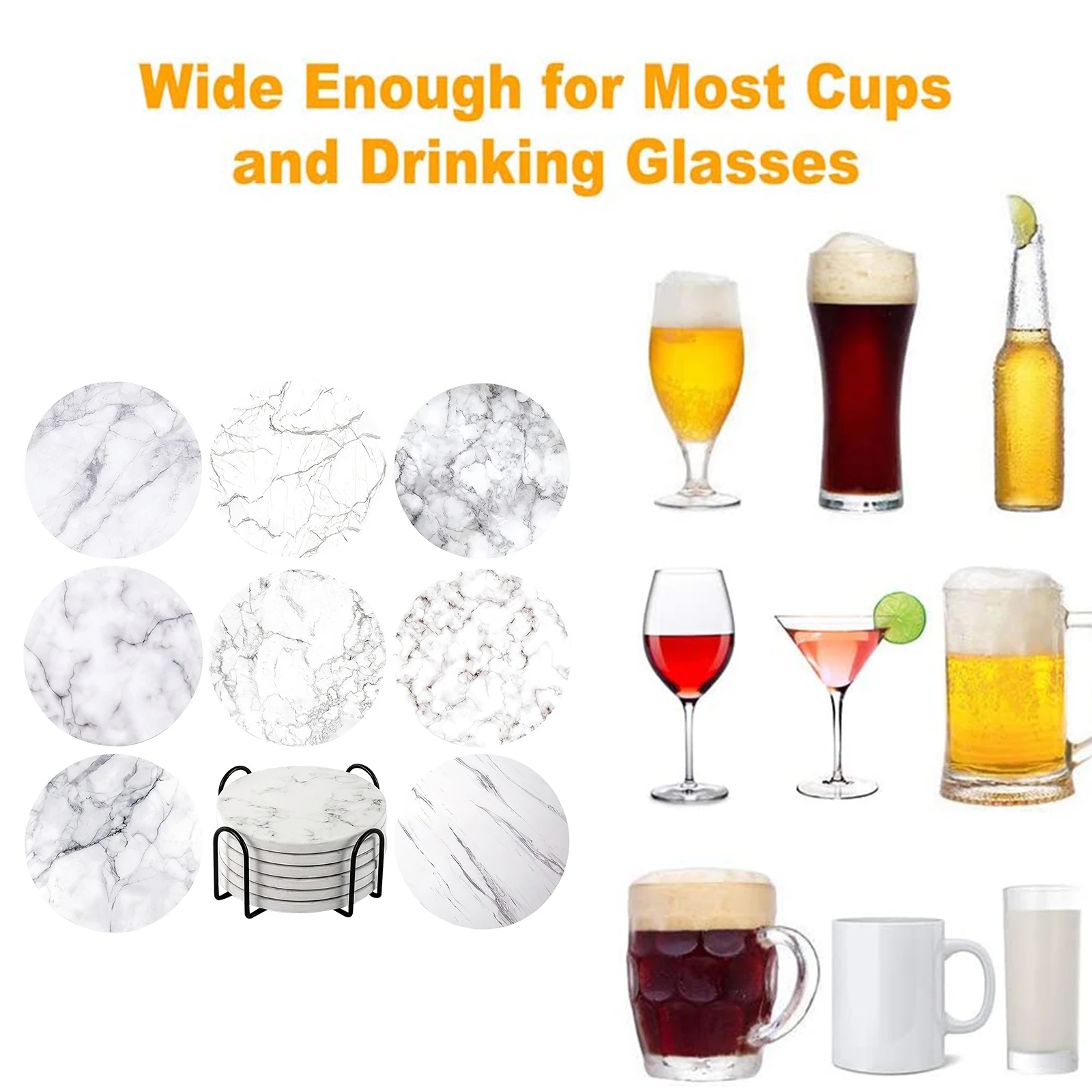 

Ceramic Marble Style Coasters with Holder and Cork Base Set of 6 Unique Housewarming Gift Stone Coasters