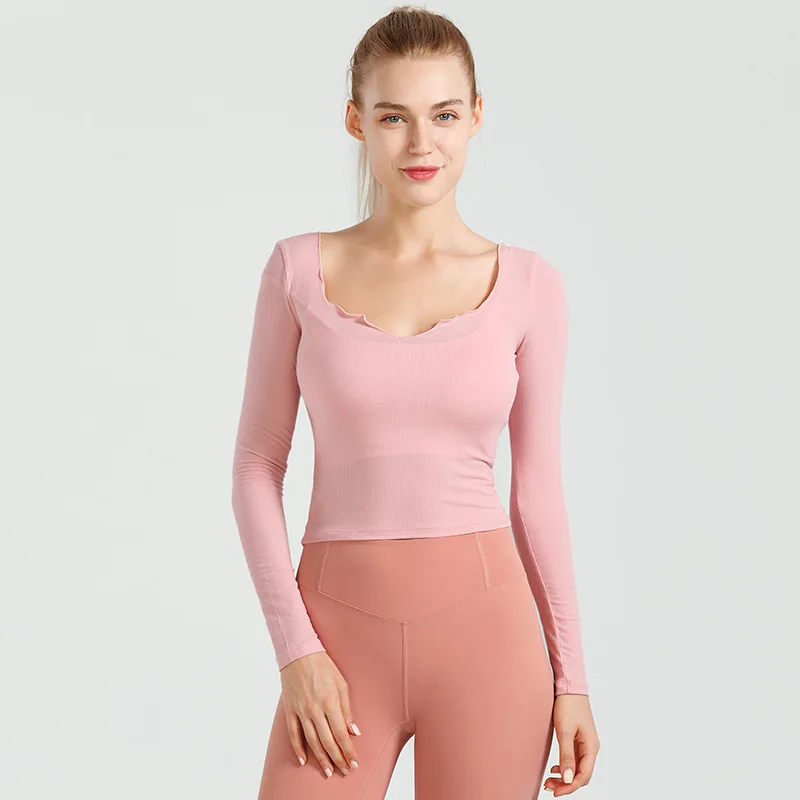 

Women Elastic Tight Yoga Shirt Low Cut Neck Long Sleeve Sports Gym Workout Top Female Pink Yellow Blue Shirts