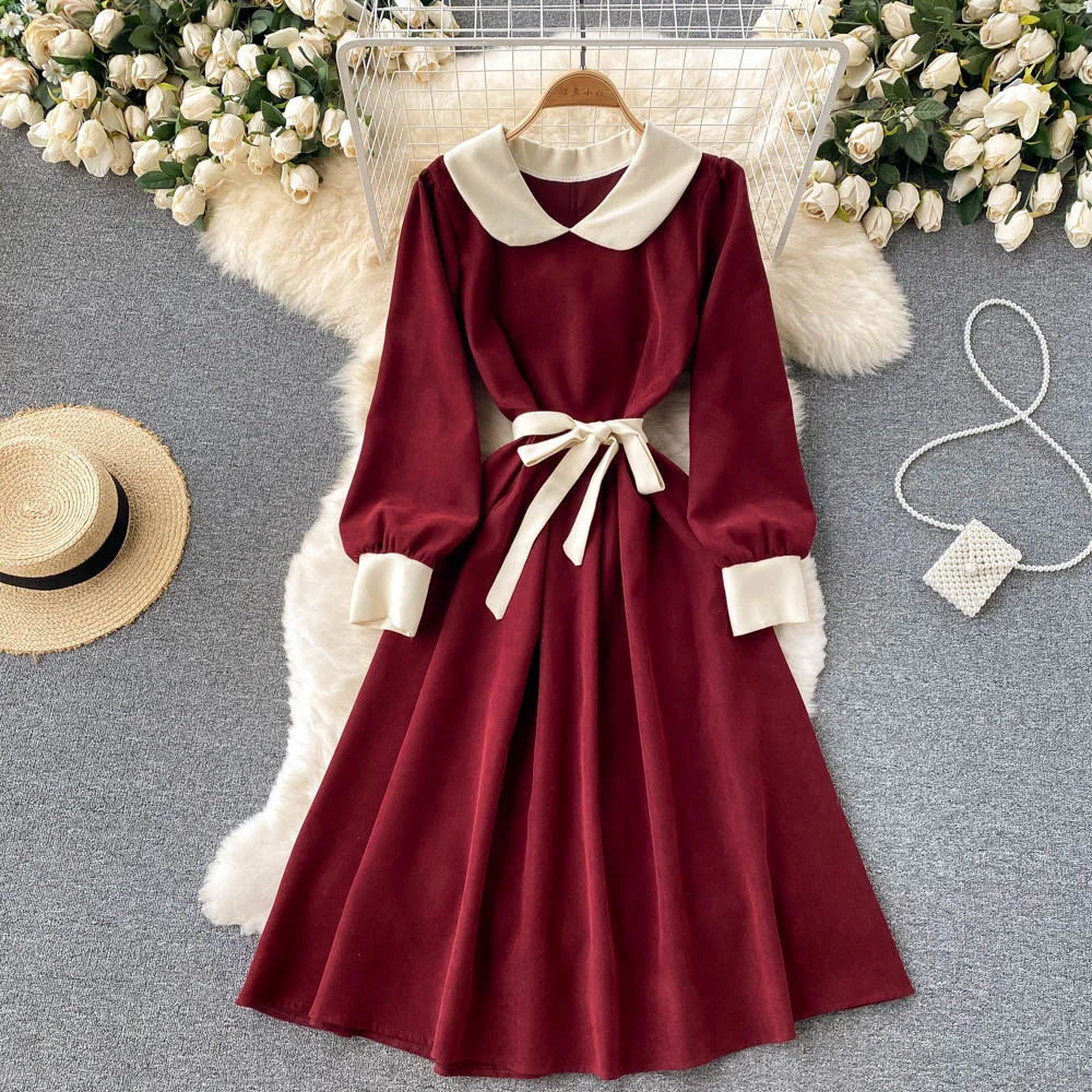 

Женское винтажное платье миди с круглым вырезом, длинным рукавом и поясом