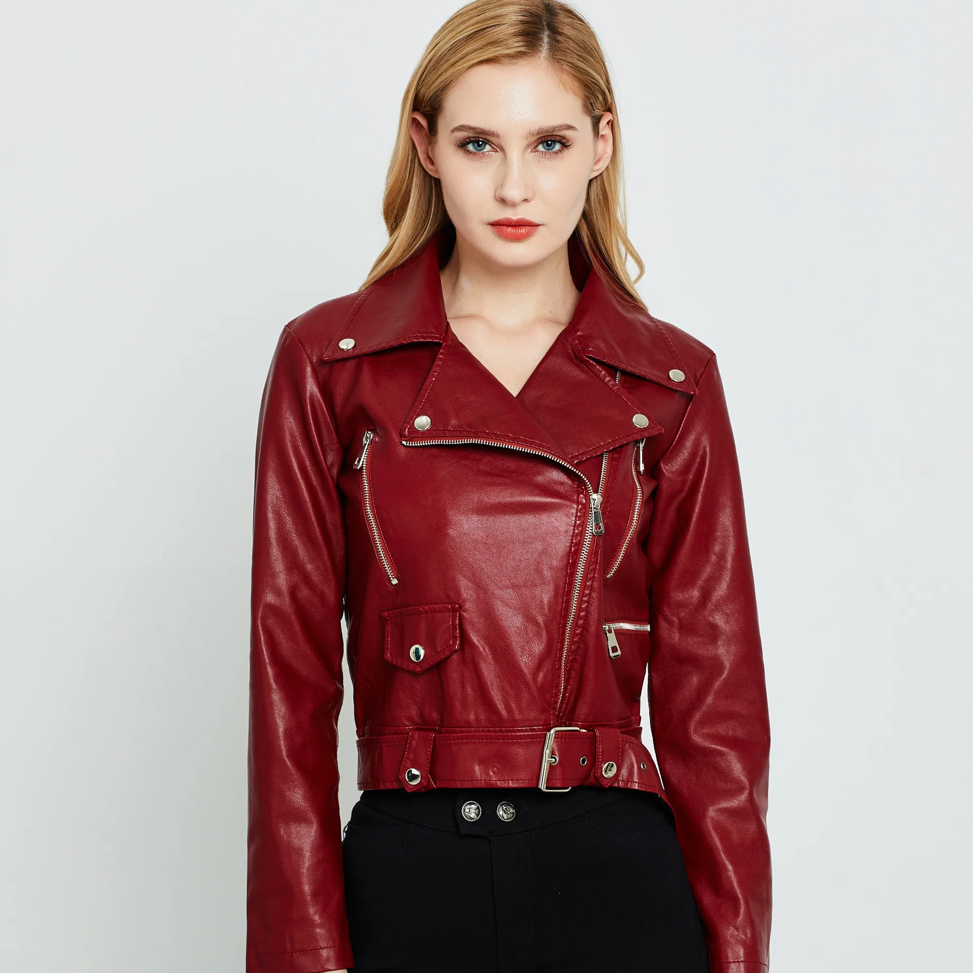 Autumn Women Faux Leather Jacket Biker Red Black Coat Turn Down Collar PU Motorcycle Jackets Slim Streetwear Outerwear with Belt