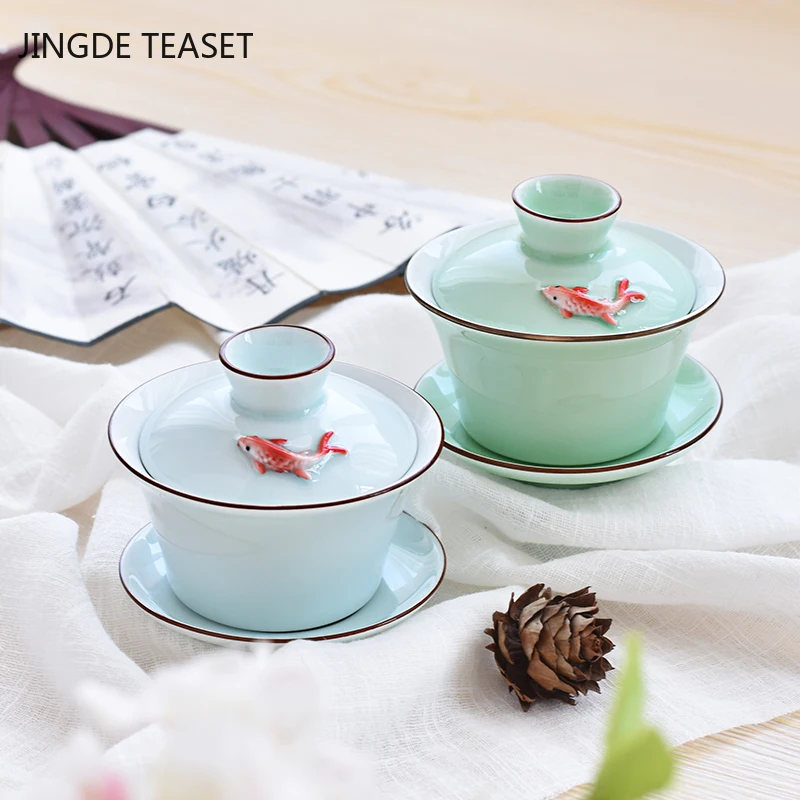

Chinese Celadon small fish cover bowl Teacup handmade Ceramic Tea tureen Bowl Porcelain Teaware Accessories Drinkware 140ml