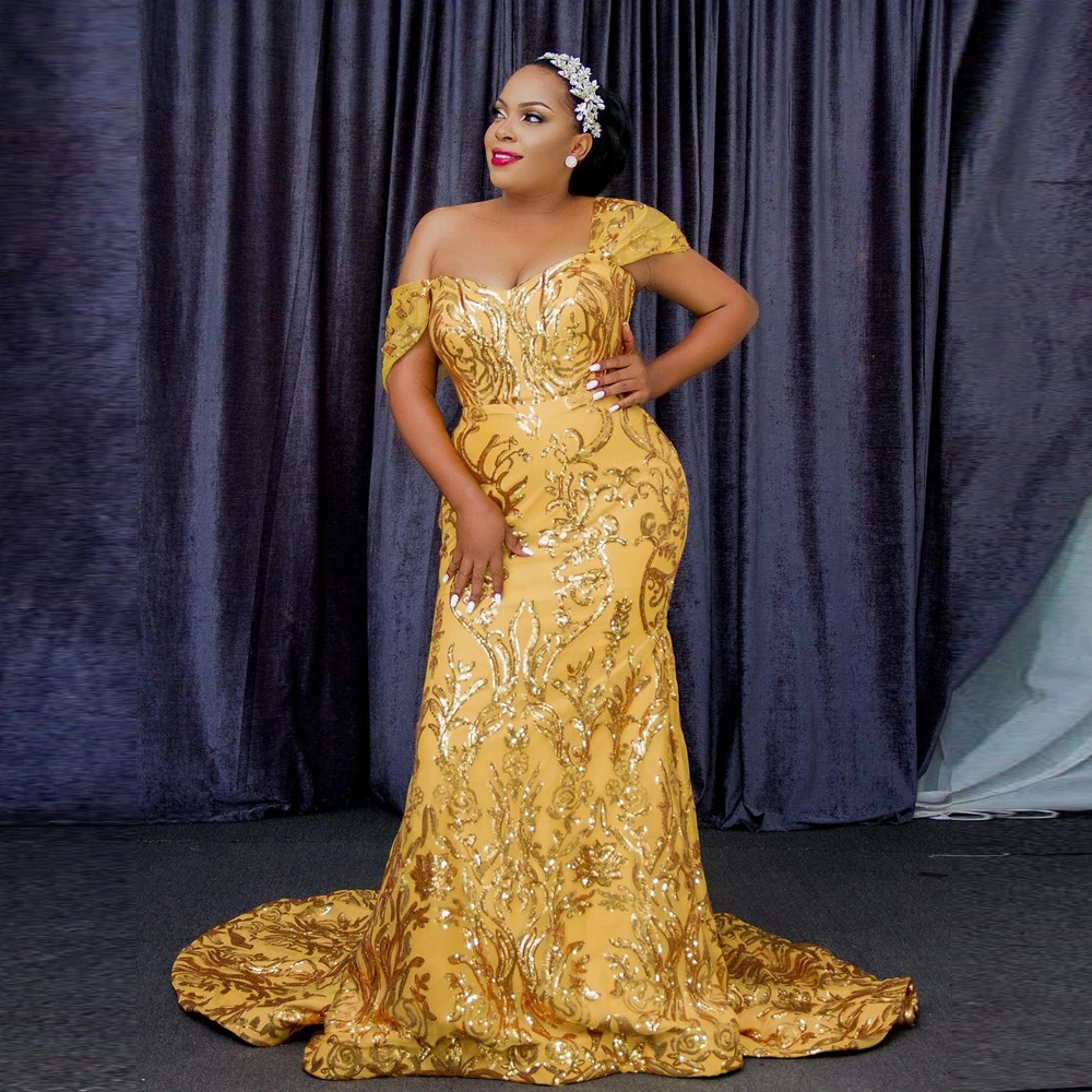 

Aso Ebi Plus Size Evening Dresses Long African Sequins Lace Appliques Mermaid Prom Dress Shniny Off Shoulder robes de soirée