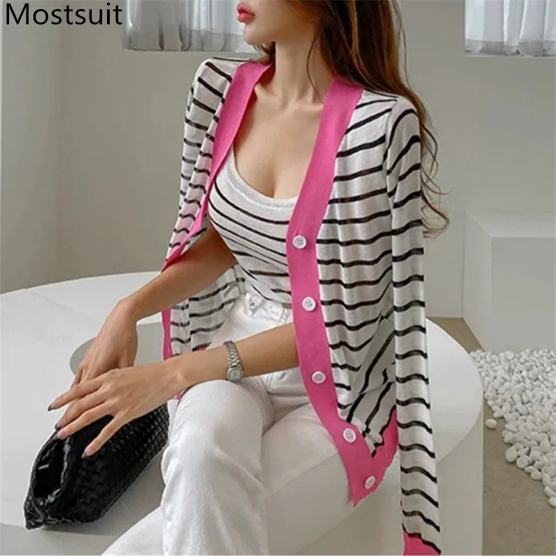 

2021 Summer Striped Knitted Cardigan With Vest Women Full Sleeve V-neck Single Breasted Sweater Korean Elegant Ladies Jumpers