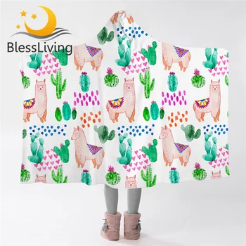 BlessLiving Llama Hooded Blanket for Kids Alpaca Sherpa Fleece Blanket Cactus Watercolor Wearable Throw Blanket Animal Bedding 1