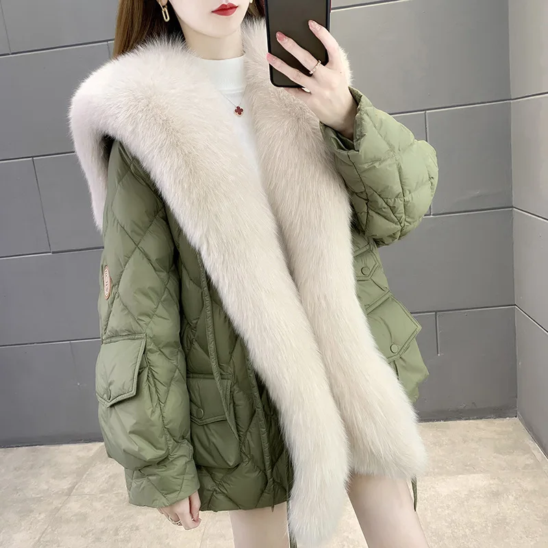 Women Fur Coats Fashion Winter Large Fox Fur Collar Casual Warm Thick Women Fur Jacket 2021 Office Lady Duck Down Overcoats