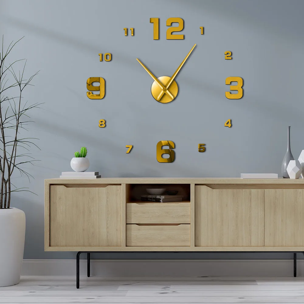 Большие бескаркасные настенные часы DIY бесшумные зеркальные наклейки с цифрами