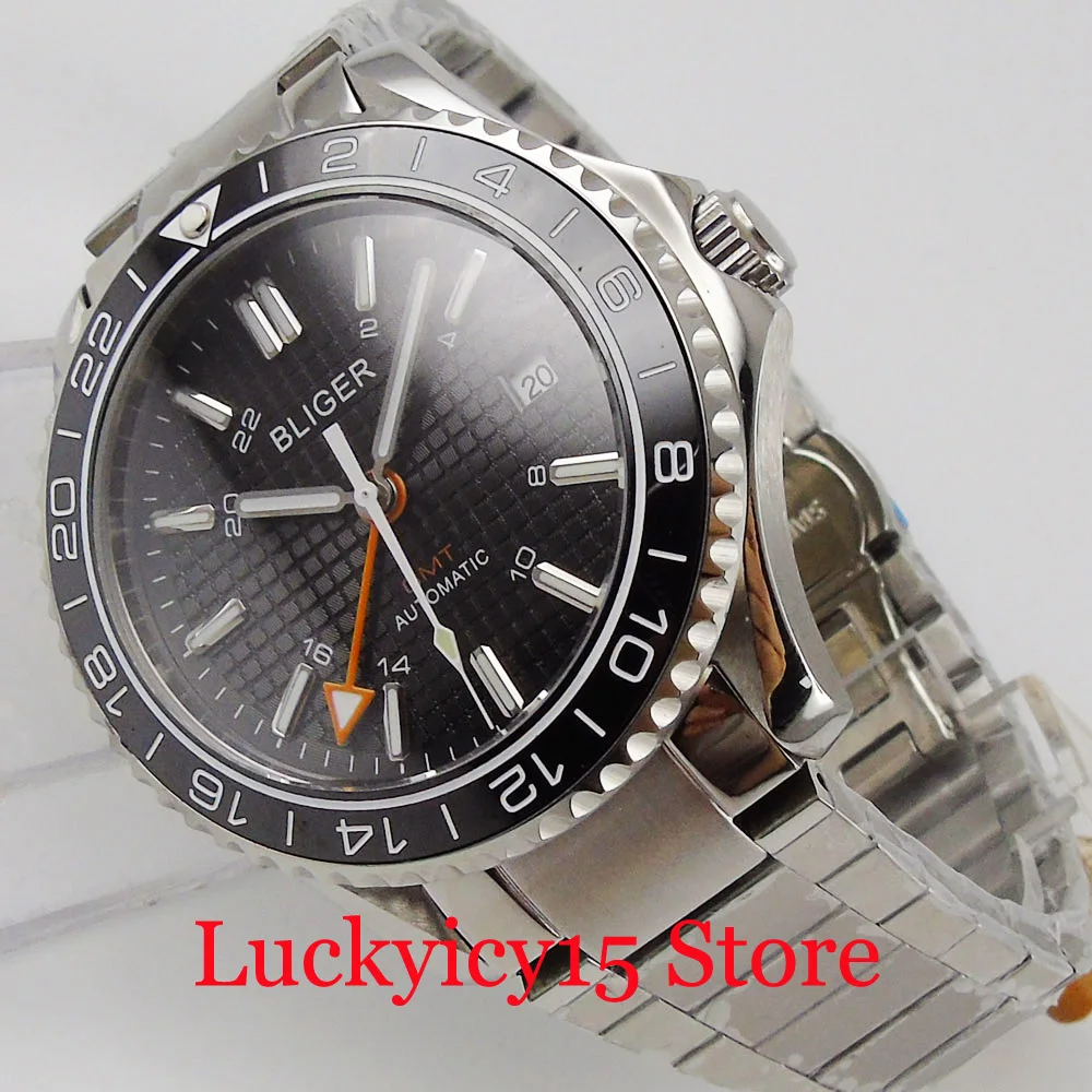 

BLIGER Black 41mm Wristwatch Male Stainless Steel Bracelet Rotating Bezel GMT Hand Ceramic Bezel Insert Sapphire Crystal