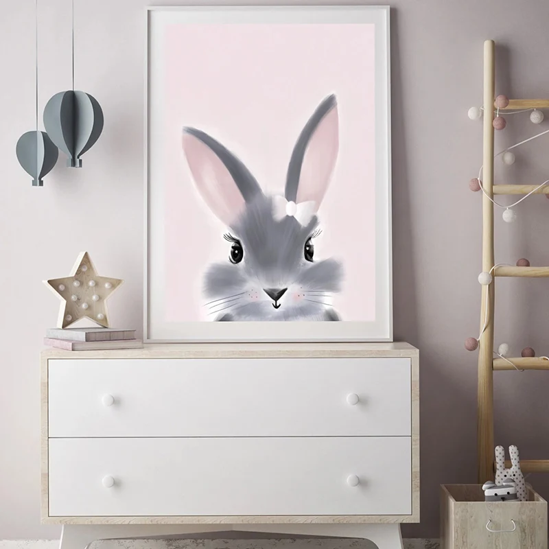 Скандинавский детский постер с розовой пандой и кроликом для детей Картина на