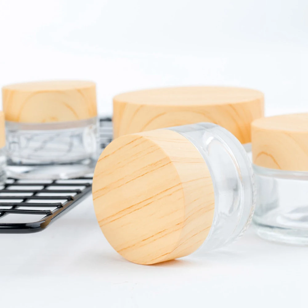 Матовая стеклянная банка для крема деревянная крышка зерна горшок косметический