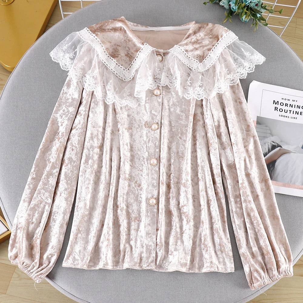 

loose spring autumn lace peter pan collar velour fashion brand new women blouses sweet style shirts Korean ladies tops ulzzang