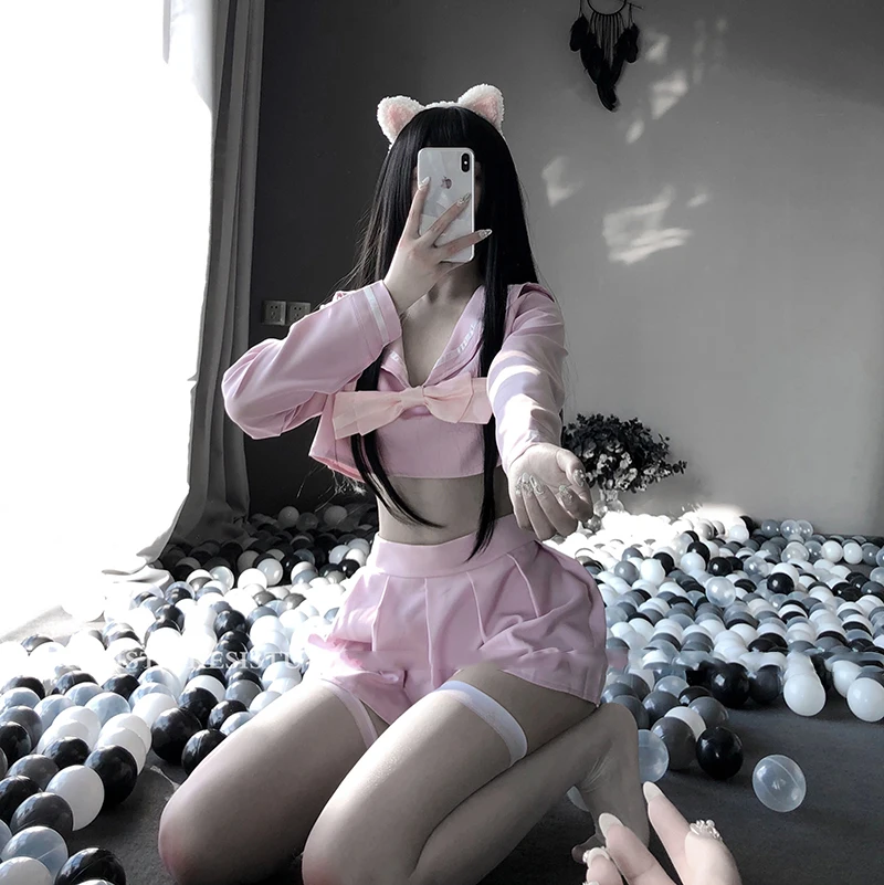 

Sexy Schoolgirl Cosplay Costume JK Uniform Kwaii Lingerie Lolita Mini Top Skirt Erotic Roleplay Set Student Sailor with Red Bow