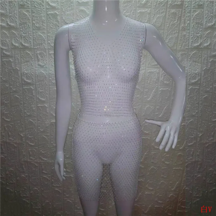 White V-neck Блестящие Кристальные Стразы, женская одежда, сетчатые Прозрачные топы, клетчатые сексуальные мини юбки, летний комплект из 2 предметов, Клубные, трендовые - Цвет: White V-neck
