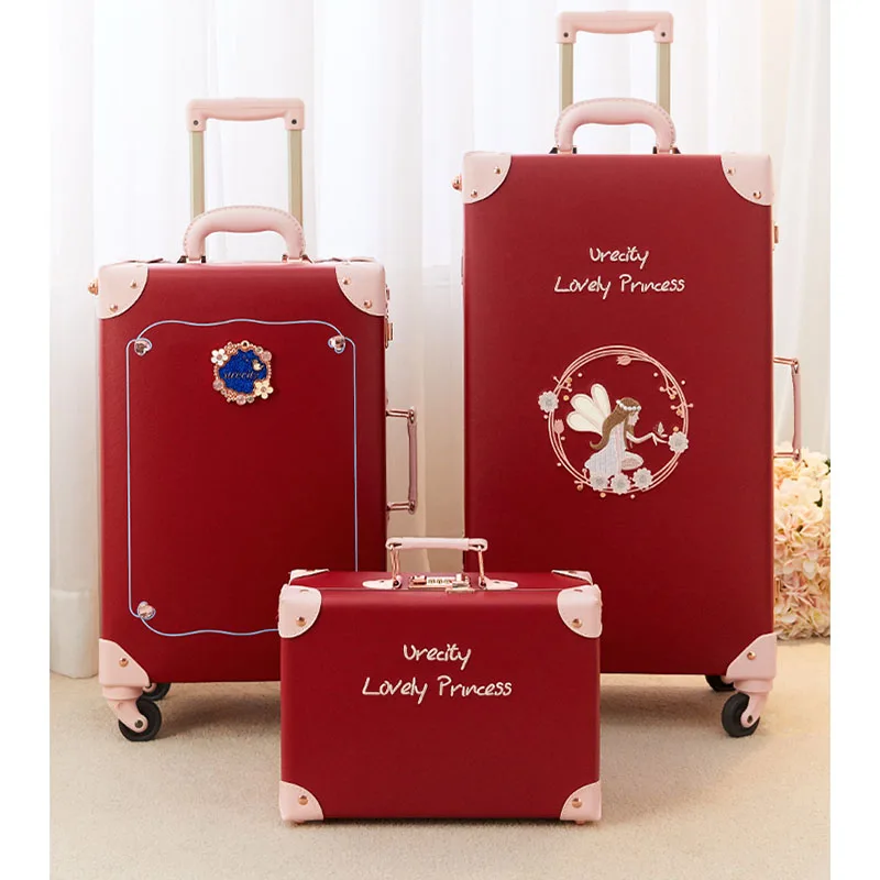 New Vintage Floral PU Lady's Travel Case Rolling Wheels Hand Luggage Sets 13"20"Cabin 22"24"26 Inch Women Retro Trolley Suitcase