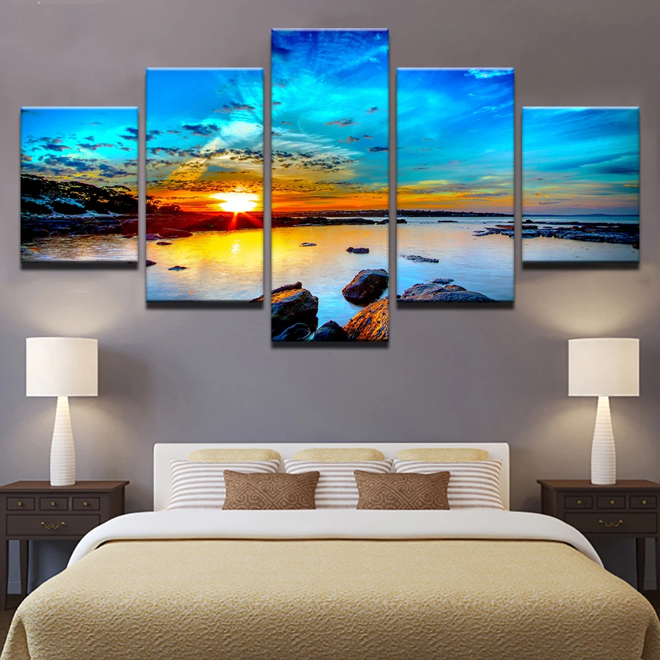 

Canvas Posters HD Prints Modular Pictures Home Decor 5 Pieces Sunrise Seaview Painting Wall Art Modern Style Living Room Framed