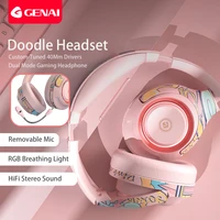 genai gaming headset with microphone bluetooth 5 1 headphone stereo deep bass wireless headphone for pc gamer with fasion doodle