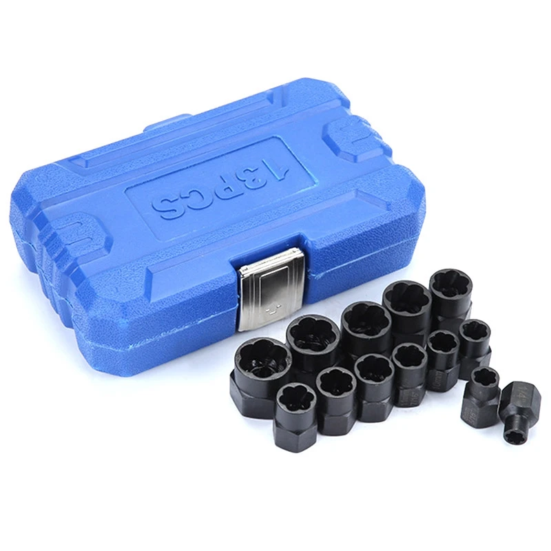 

13Pcs Damaged Bolt Nut Screw Remover Extractor Removal Set Nut Removal Socket Tool Threading Hand Tools Kit with Box