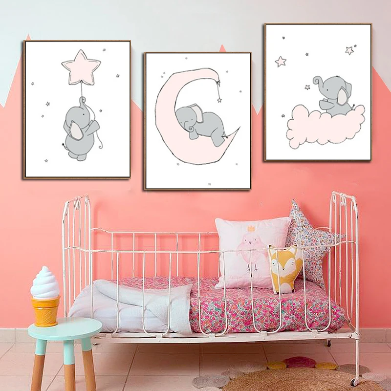 Розовые животные слон мультфильм детская комната звёзды облако Луна постеры
