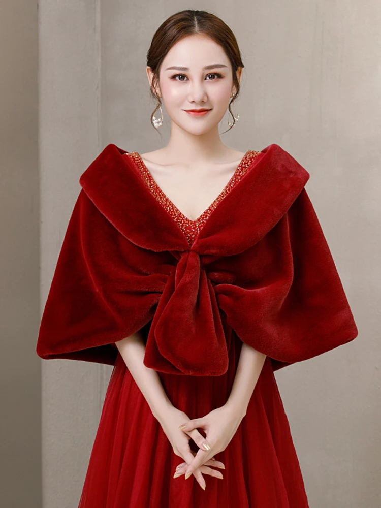 Бесплатная доставка зимнее свадебное болеро без рукавов теплое темно красное из