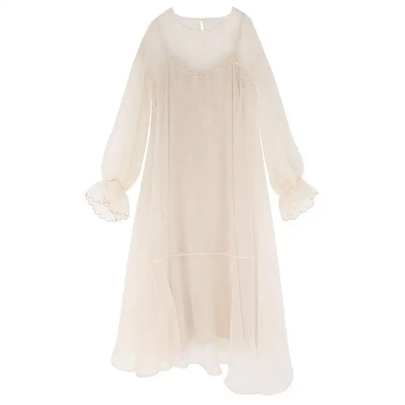 

New Summer Women Vintage Puff Sleeve Two Piece Set Mesh Fairy Long Dress Female Autumn Sweet 2 Piece Shoulder Strap Dresses Suit