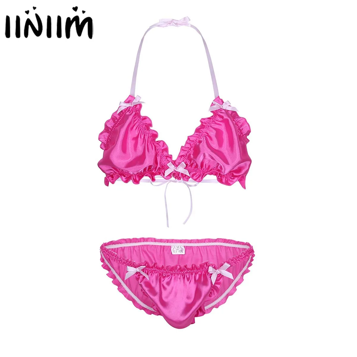 

Men Erotic Bowknot Ruffled Frilly Shiny Sissy Lingerie Set Strappy Halter Backless Bikini Bra Top with Low Rise Briefs Underwear