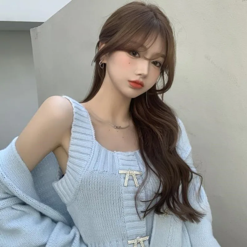 

2 Piece Set Women Sweet Lantern Sleeve Cardigan Knitted Vest Outfits Spring Autumn 2021 Bow Button Long Sleeve Chic Sweater Suit
