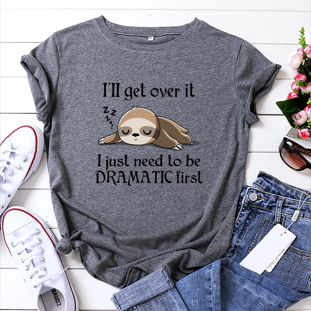 

JFUNCY 100% Cotton Women Tshirts Plus Size Short Sleeve T-shirt Summer Loose Tee Shirt New Cartoon Sloth Print Woman Tops