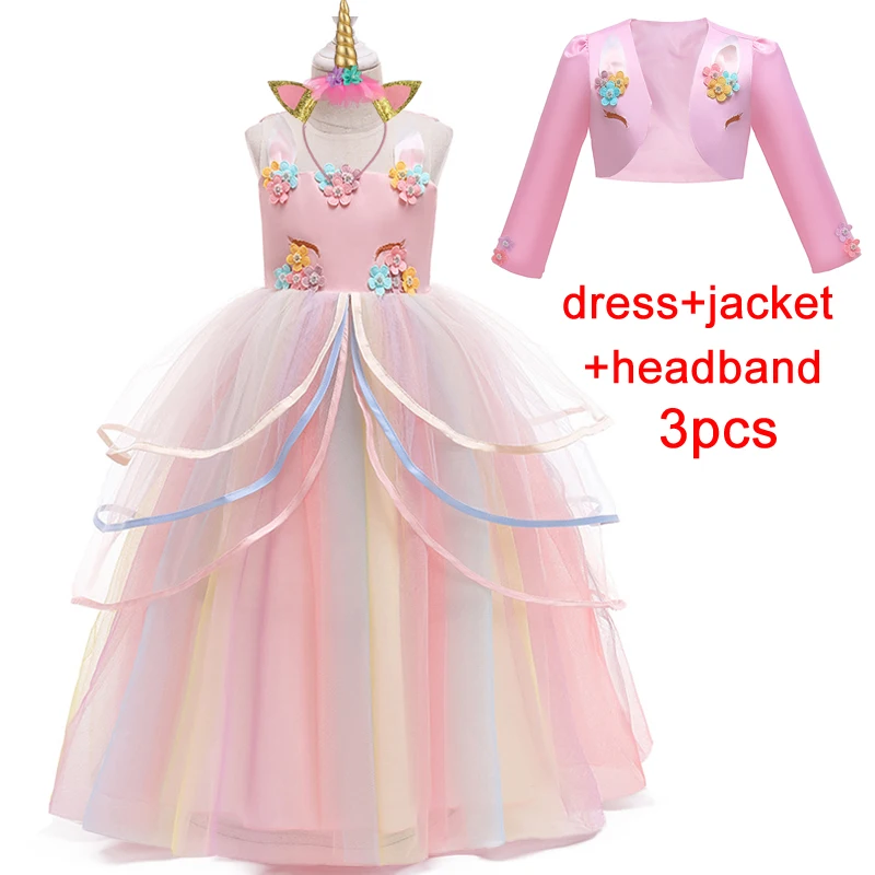 

2022 Christmas Costume Unicorn Party Dress Kids Dresses For Girls Flower Princess Dress Girl Children Clothes Cosplay Dress 3PCS