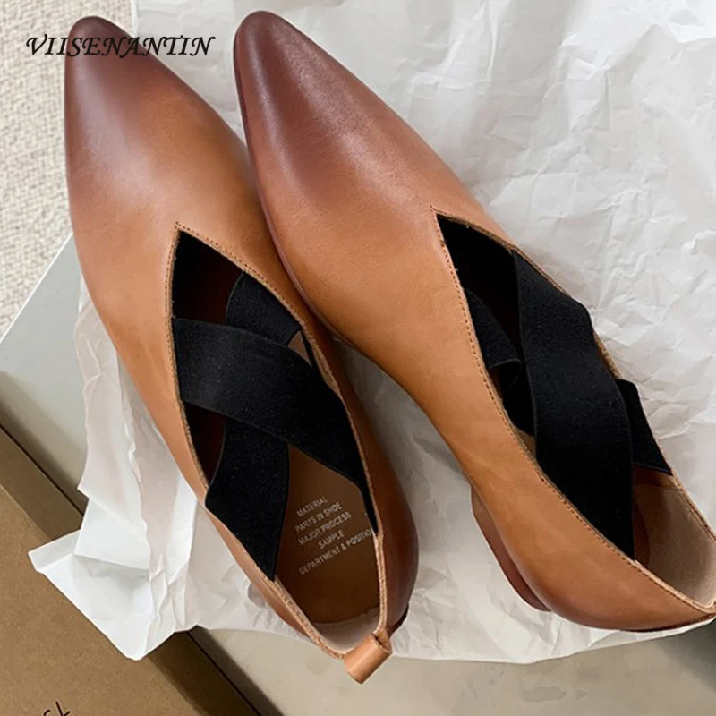 

Waxed Calfskin Ballet Shoes Women's Autumn New Products Full Leather Pointed Toe Cross Elastic Belt Flat Shallow Shallow Shoes