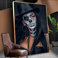 cool personality tattoo girl art poster character canvas prints and black hat skull woman wall pictures for living room decor
