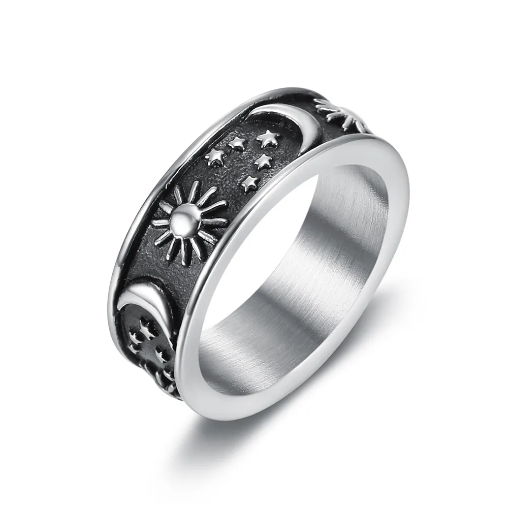 

Vintage Sun Moon Star Men WomenTotem Ring Stainless Steel Men Punk Motorcycle Biker Jewelry