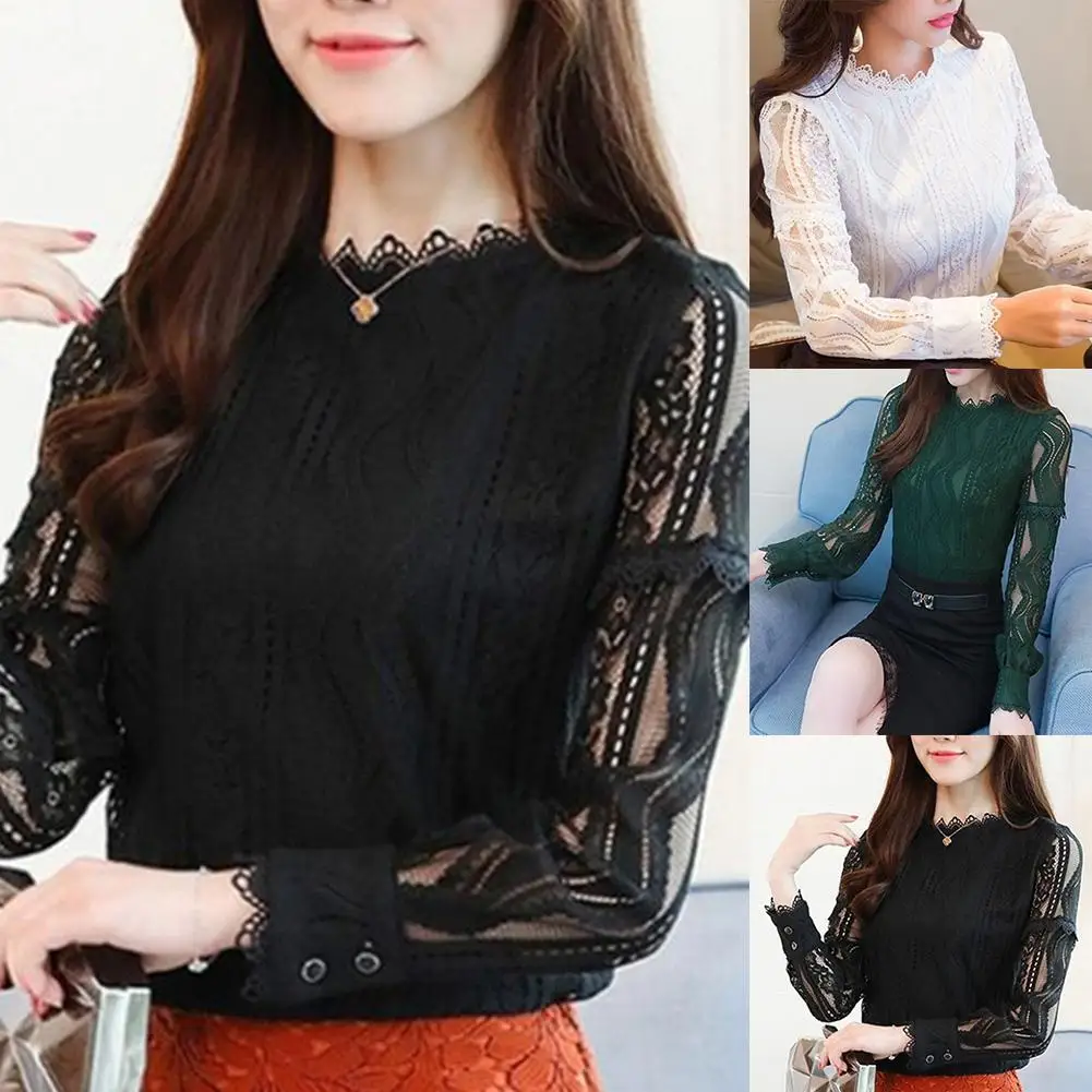 

women Ladies Sexy Lace Cutout Perspective Shirt Top Fashion Casual Slim Long Sleeve Pullover