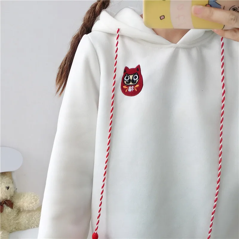 Японские милые уличные модные женские толстовки Harajuku Kawaii С лисьими ушками толстовка с капюшоном с вышивкой Сакура плюс бархатный пуловер Топы