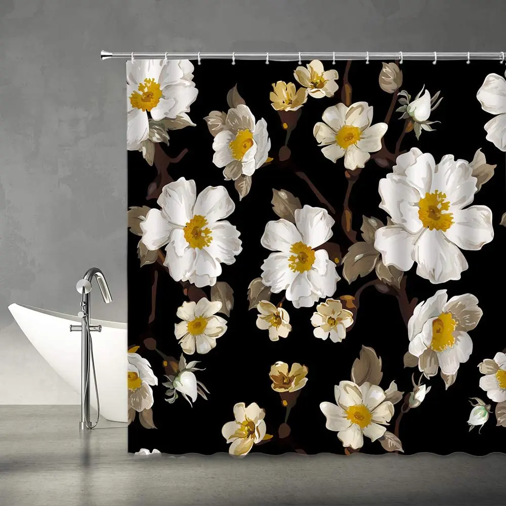 

Flower Shower Curtain Watercolor Plant Simple Modern Floral Black White Striped Art Print Retro Fabric Bathroom Decor Set Hooks