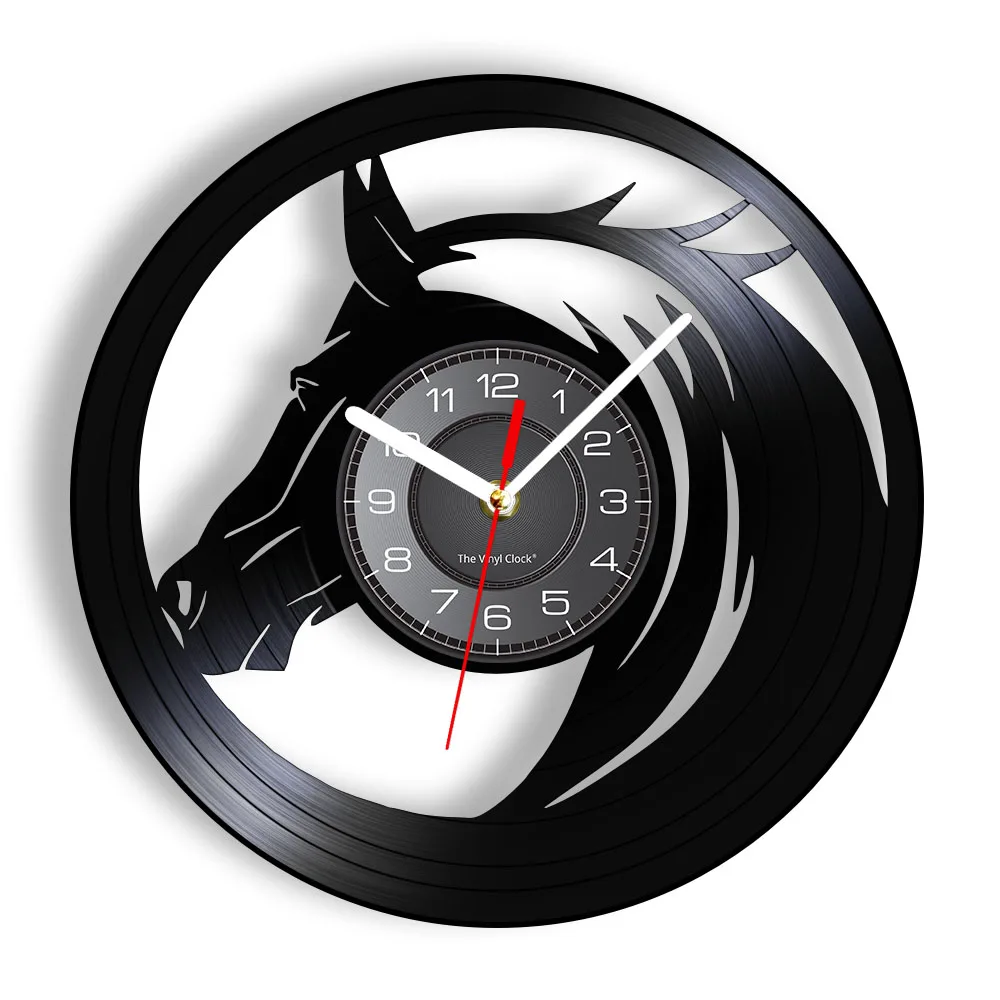 Horse Profile Wall Clock Made Of Vinyl LP Record Wild Animal Chic Wall Art-Decor Vintage Timepiece With LED Backlight Wall Lamp