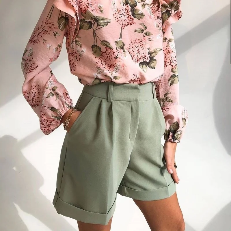 

Summer Casual Straight Shorts Female Loose Zipper Solid High Waist Shorts Pink Cotton Pocket Pleated Harajuku Fashion Shorts