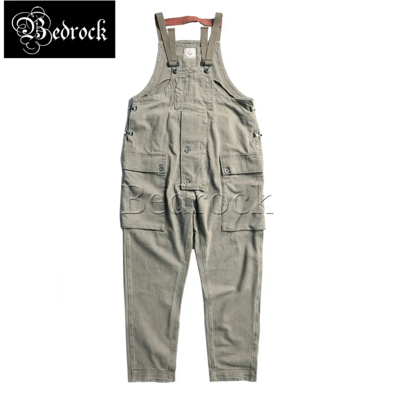 RT 9oz herringbone overalls for men vintage batik one washed denim baggy jeans blue big pocket suspenders loose military pants