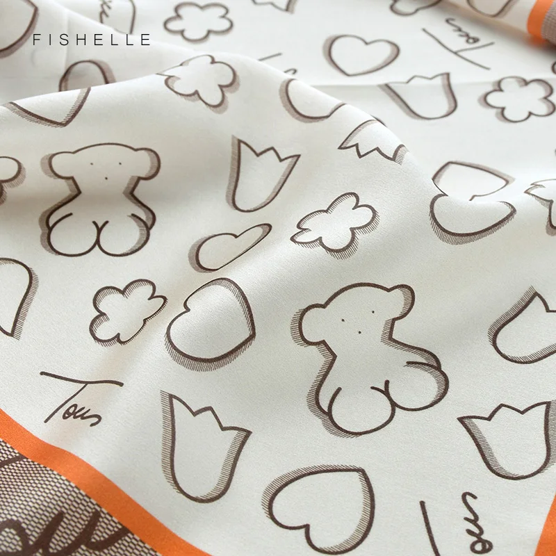 

Cute bear kids silk scarf fashion bandana children 50cm small square headband wrap foulard boy women scarves gift for lady girls